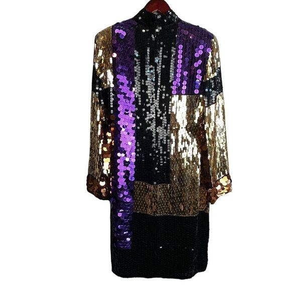CEDARS VINTAGE SILK SEQUIN PARTY DRESS SIZE 4 Gold Purple Mini Long Sleeve 80s - Picture 13 of 16